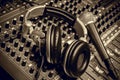 Microphone,headphone,sound mixer background. Royalty Free Stock Photo