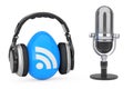 Microphone with Headphones over RSS Podcast Logo Icon. 3d Render Royalty Free Stock Photo