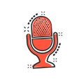 Microphone icon in comic style. Mic broadcast vector cartoon illustration pictogram. Microphone mike speech business concept