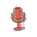 Microphone icon in comic style. Mic broadcast vector cartoon illustration pictogram. Microphone mike speech business concept