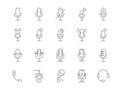 Microphone icon. Radio and web podcast icons. Old broadcast line sign, audio music studio symbols, vocal karaoke and