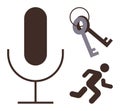 Microphone, keys, and running figure representing sound, access, and movement concepts Royalty Free Stock Photo