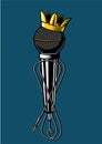 Microphone with kings crown. Vintage music poster. Musicla sign with mic.