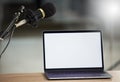 Microphone, laptop mockup and screen with audio, radio or podcast equipment with technology and show marketing