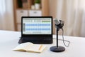 Microphone, laptop and notebook on table