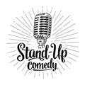 Microphone. Lettered text Stand-Up comedy. Vintage engraving illustration