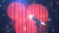 Microphone with Magic Particles against Blurred Red Curtains with Spotlights, 3d Render Royalty Free Stock Photo