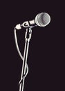 Microphone, mic, karaoke, concert, voice music. Closeup microphone. Vocal audio mic on a bleck background. Singer in