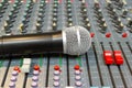 Microphone on Mixing Console of a big HiFi system Royalty Free Stock Photo