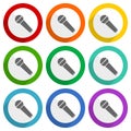 Microphone and music, karaoke vector icons, set of colorful flat design buttons for webdesign and mobile applications Royalty Free Stock Photo