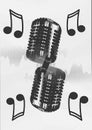 Microphone on music notes black and white Abstract background