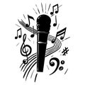 Microphone and music notes hand drawn vector silhouette Royalty Free Stock Photo