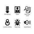 Microphone, Photo, Search Key word, Location setting, Bug Fixing, Audio Sound, icon Royalty Free Stock Photo