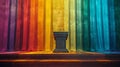 A microphone on a podium in an auditorium with vibrant, multicolored curtains in the background, ready for a speech or Royalty Free Stock Photo