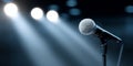 Close-up of a microphone on a stand with bright stage lights shining in the background creating a dramatic atmosphere Royalty Free Stock Photo