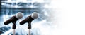 Microphone Public speaking background, Close up microphone on stand for speaker speech presentation stage performance or press Royalty Free Stock Photo