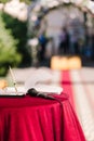 microphone on a red table close-up Banquet at the wedding Royalty Free Stock Photo