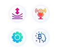 Microphone, Resilience and Recovery gear icons set. Bitcoin think sign. Mic, Elastic, Backup info. Vector