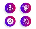 Microphone, Resilience and Recovery gear icons set. Bitcoin think sign. Mic, Elastic, Backup info. Vector