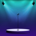 Microphone on round stage scene. Spotlights with light beams