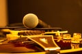 Microphone on semi acoustic guitar. Selective focus Royalty Free Stock Photo