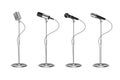 Microphone set. Standing microphones audio equipment. Concept and karaoke music mics vector isolated collection