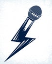 Microphone in a shape of lightning, mic like a bolt, breaking news concept, rap battle rhymes music, karaoke singing or standup