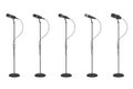 Microphone silhouettes. Standing microphones audio equipment. Concept and karaoke music mics vector isolated collection