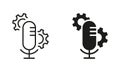 Microphone Sound Configuration Line and Silhouette Icon Set. Microphone and Gear, Cog Wheel Symbol Collection. Audio