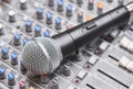 Microphone on sound mixing console Royalty Free Stock Photo