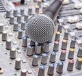 Microphone on sound mixing console Royalty Free Stock Photo