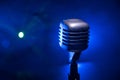 Microphone for sound, music, karaoke in audio studio or stage. Mic technology. Voice, concert entertainment background. Speech