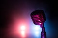 Microphone for sound, music, karaoke in audio studio or stage. Mic technology. Voice, concert entertainment background. Speech