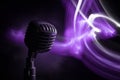 Microphone for sound, music, karaoke in audio studio or stage. Mic technology. Voice, concert entertainment background. Speech