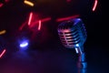 Microphone for sound, music, karaoke in audio studio or stage. Mic technology. Voice, concert entertainment background. Speech