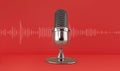 Microphone and Sound wave on a magenta studio background. Podcast, live, streaming, creator content Royalty Free Stock Photo