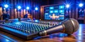 Microphone on Soundboard with Blue Lights, Audio , Studio , Recording , Music Royalty Free Stock Photo