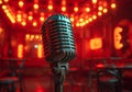 Microphone on stage in night club. Vintage microphone in shiny red stage background Royalty Free Stock Photo