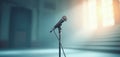 Microphone stage ready. Pro microphone stand in empty hall. Equipment for speech performance. Presentation concept. Public Royalty Free Stock Photo