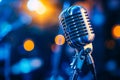 Microphone on stand in front of blurred light background. Generative AI Royalty Free Stock Photo