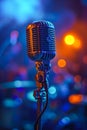 Microphone on stand in front of blurred light background. Generative AI Royalty Free Stock Photo