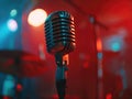 A microphone is on a stand in front of a drum set Royalty Free Stock Photo