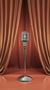 Microphone stand before shiny orange curtains, theatrical setting Royalty Free Stock Photo