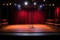 a microphone stand on a small community theater stage