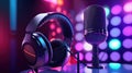 microphone stand and white headphones, ai generated Royalty Free Stock Photo