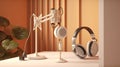 microphone stand and white headphones, ai generated Royalty Free Stock Photo