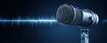 The microphone standing before a vibrant audio wave on a dark background..AI generated image Royalty Free Stock Photo
