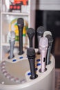 Microphone testing station with various microphones Royalty Free Stock Photo