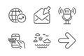 Microphone, Travel sea and Open mail icons set. World statistics, Education and Next signs. Vector