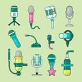 Microphone vector icons mike telecommunication transmitter for tv, radio, music voice record professional equipment.